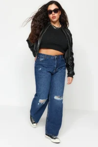 Trendyol Curve Dark Blue High Waist Destroylu Wide Leg/Wide Leg 100% Cotton plus size jeans - Image 8