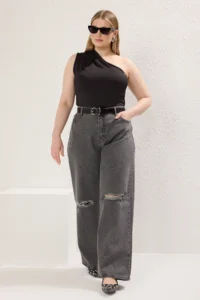 Trendyol Curve Gray High Waist Destroylu Wide Leg/Wide Leg 100% Cotton Non-Stretch jeans - Image 2