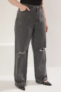 Trendyol Curve Gray High Waist Destroylu Wide Leg/Wide Leg 100% Cotton Non-Stretch jeans - Image 3
