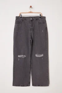 Trendyol Curve Gray High Waist Destroylu Wide Leg/Wide Leg 100% Cotton Non-Stretch jeans - Image 5