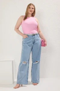 Trendyol Curve Buz Blue High Waist Destroylu Wide Leg/Wide Leg 100% Cotton Non-Stretch jeans