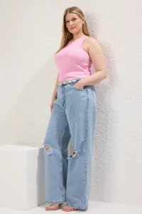 Trendyol Curve Buz Blue High Waist Destroylu Wide Leg/Wide Leg 100% Cotton Non-Stretch jeans - Image 2