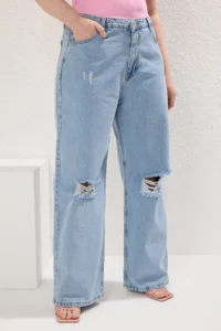Trendyol Curve Buz Blue High Waist Destroylu Wide Leg/Wide Leg 100% Cotton Non-Stretch jeans - Image 3
