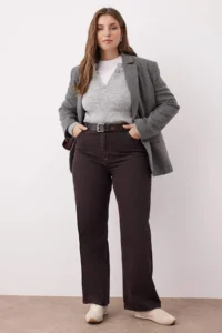 Trendyol Curve Brown High Waist Wide Leg/Wide Leg 100% Cotton Non-Stretch plus size jeans