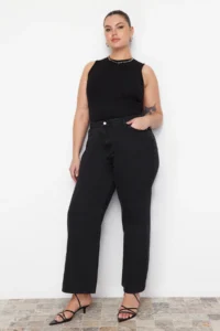 Trendyol Curve Anthracite High Waist Wide Leg/Wide Leg 100% Cotton Non-Stretch plus size jeans - Image 5