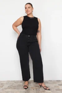 Trendyol Curve Anthracite High Waist Wide Leg/Wide Leg 100% Cotton Non-Stretch plus size jeans - Image 6