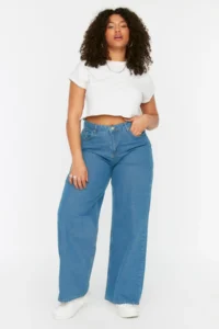 Trendyol Curve Light Blue High Waist Wide Leg/Wide Leg 100% Cotton plus size jeans - Image 3