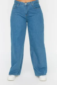 Trendyol Curve Light Blue High Waist Wide Leg/Wide Leg 100% Cotton plus size jeans - Image 4