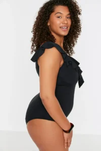 Trendyol Curve Black Deep V-neck with flywheel Frilly Atma Covered Plus Size Swimsuit - Image 2