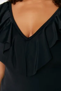 Trendyol Curve Black Deep V-neck with flywheel Frilly Atma Covered Plus Size Swimsuit - Image 3