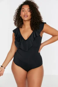 Trendyol Curve Black Deep V-neck with flywheel Frilly Atma Covered Plus Size Swimsuit - Image 4