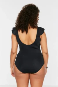 Trendyol Curve Black Deep V-neck with flywheel Frilly Atma Covered Plus Size Swimsuit - Image 5