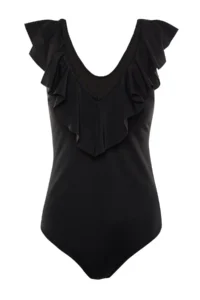 Trendyol Curve Black Deep V-neck with flywheel Frilly Atma Covered Plus Size Swimsuit - Image 6