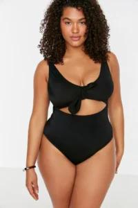 Trendyol Curve Black Deep V-neck Cut-Out tied up Atma Covered Swimsuit