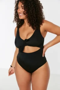 Trendyol Curve Black Deep V-neck Cut-Out tied up Atma Covered Swimsuit - Image 2