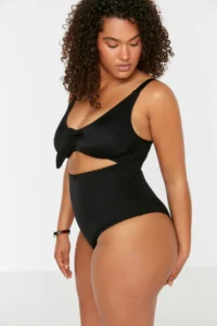 Trendyol Curve Black Deep V-neck Cut-Out tied up Atma Covered Swimsuit - Image 3