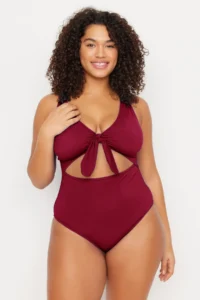 Trendyol Curve Burgundy Deep V-neck Cut-Out tied up Atma Covered Plus Size Swimsuit