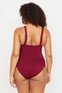 Trendyol Curve Burgundy Deep V-neck Cut-Out tied up Atma Covered Plus Size Swimsuit - Image 5
