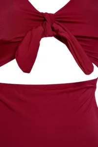 Trendyol Curve Burgundy Deep V-neck Cut-Out tied up Atma Covered Plus Size Swimsuit - Image 6