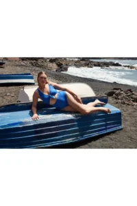 Trendyol Curve Mavi Deep V-neck Cut-Out tied up Atma Covered Plus Size Swimsuit
