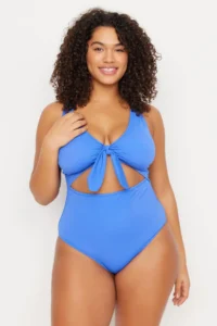 Trendyol Curve Mavi Deep V-neck Cut-Out tied up Atma Covered Plus Size Swimsuit - Image 2