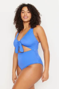 Trendyol Curve Mavi Deep V-neck Cut-Out tied up Atma Covered Plus Size Swimsuit - Image 3