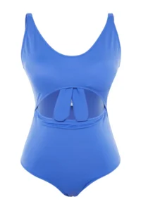 Trendyol Curve Mavi Deep V-neck Cut-Out tied up Atma Covered Plus Size Swimsuit - Image 8
