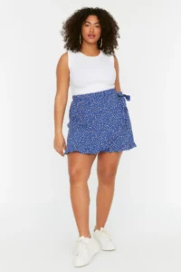 Trendyol Curve Mavi flower patterned Weaving tied up Shorts Skirt - Image 3