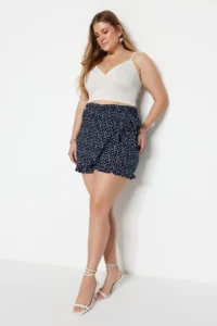 Trendyol Curve Navy Blue flower patterned Weaving tied up Shorts Skirt
