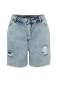 Trendyol Curve Mavi High Waist Destroylu 100% Cotton Plus Size denim Shorts & Bermuda - Image 6