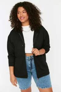 Trendyol Curve Black Hooded Zippered Thin Knitting Sweatshirt