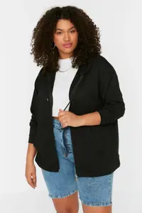 Trendyol Curve Black Hooded Zippered Thin Knitting Sweatshirt - Image 2