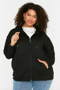 Trendyol Curve Black Hooded Zippered Thin Knitting Sweatshirt - Image 3