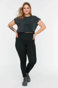 Trendyol Curve Black High Waist Knitting Scuba Material Plus Size Leggings with Fleece Inside - Image 5