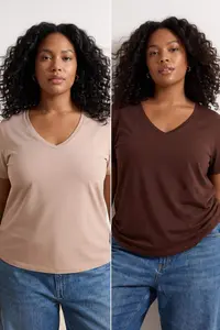 Trendyol Curve Brown-Stone  2 Sets Paket Basic V-neck 100% Cotton Knitting Plus Size T-Shirt