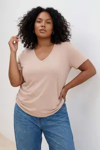 Trendyol Curve Brown-Stone  2 Sets Paket Basic V-neck 100% Cotton Knitting Plus Size T-Shirt - Image 3