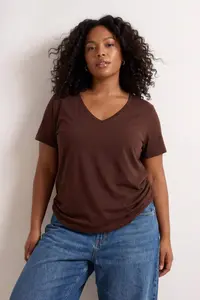 Trendyol Curve Brown-Stone  2 Sets Paket Basic V-neck 100% Cotton Knitting Plus Size T-Shirt - Image 5