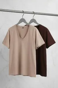 Trendyol Curve Brown-Stone  2 Sets Paket Basic V-neck 100% Cotton Knitting Plus Size T-Shirt - Image 6