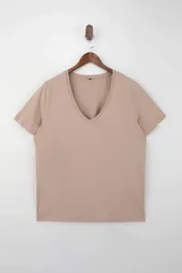 Trendyol Curve Brown-Stone  2 Sets Paket Basic V-neck 100% Cotton Knitting Plus Size T-Shirt - Image 7