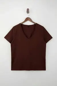 Trendyol Curve Brown-Stone  2 Sets Paket Basic V-neck 100% Cotton Knitting Plus Size T-Shirt - Image 9