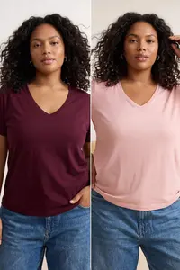 Trendyol Curve Burgundy Pink 2 Sets Paket Basic V-neck 100% Cotton Knitting Plus Size T-Shirt