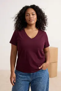 Trendyol Curve Burgundy Pink 2 Sets Paket Basic V-neck 100% Cotton Knitting Plus Size T-Shirt - Image 2