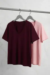 Trendyol Curve Burgundy Pink 2 Sets Paket Basic V-neck 100% Cotton Knitting Plus Size T-Shirt - Image 6