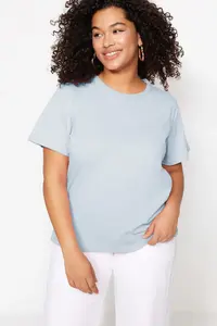 Trendyol Curve Mavi Regular Fit Basic Crew Neck 100% Cotton Knitting Plus Size T-Shirt