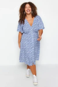 Trendyol Curve Navy Blue Floral Weaving Dress