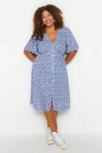 Trendyol Curve Navy Blue Floral Weaving Dress - Image 2