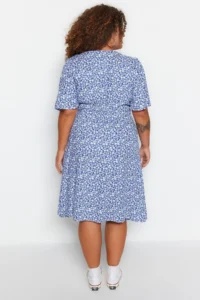 Trendyol Curve Navy Blue Floral Weaving Dress - Image 6