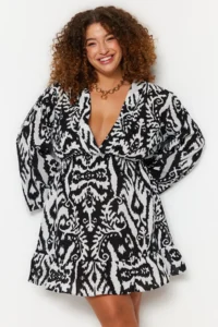 Trendyol Curve Black Ethnic Patterned Spanish Arm skater Mini Weaving beachwear Plus Size Dress - Image 2
