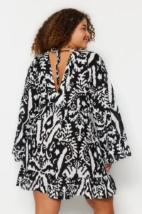 Trendyol Curve Black Ethnic Patterned Spanish Arm skater Mini Weaving beachwear Plus Size Dress - Image 5