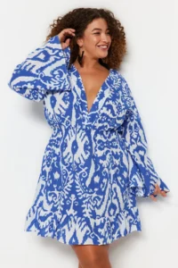 Trendyol Curve Mavi Ethnic Patterned Spanish Arm skater Mini Weaving Plus Size Beach Dress